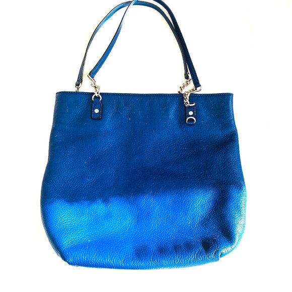 LEATHER TOTE Michael Kors Soft Pebble Nautical Blue Silver Chain Shoulder Strap - Picture 1 of 10